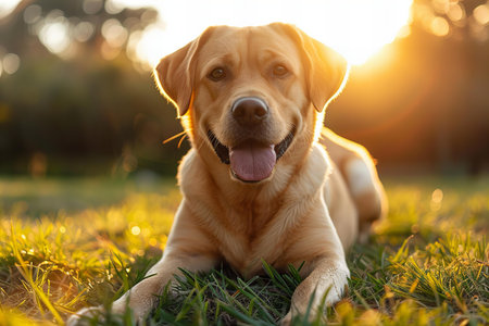 Labrador retriever dog lying on the grass in sunset light.の素材