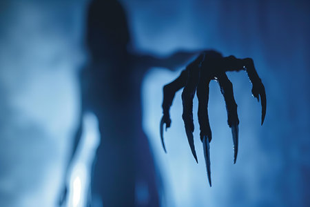 Halloween concept. Silhouette of scary ghost woman with black hands on blue backgroundの素材