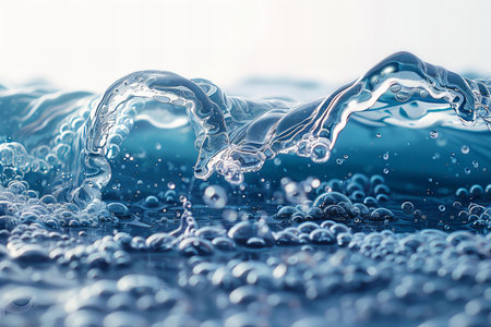Water splash on blue background. Close up of water surface with bubblesの素材