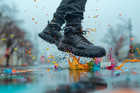 Feet of a man in black shoes jumping in the rain.の素材