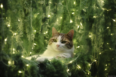 Cat in christmas tree decorated with garland lights. Christmas and New Year concept.の写真素材