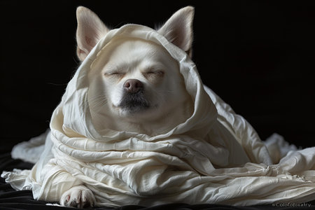 White chihuahua wrapped in a blanket on a black backgroundの写真素材