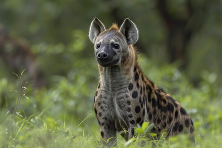 Spotted hyena, Crocuta crocuta, single mammal on grass, South Africaの素材