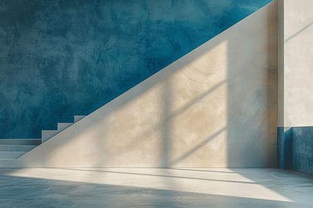 Interior of empty room with concrete stairs and blue wall. 3D Rendering