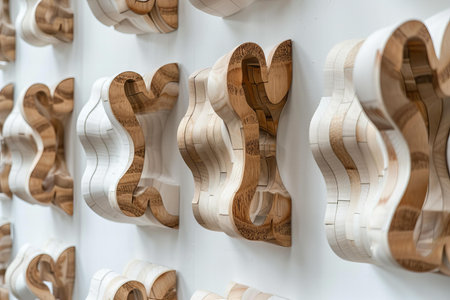 Wooden art pieces on a white wall, close-upの写真素材