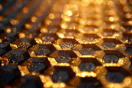 Honeycomb pattern with golden bokeh. Abstract background.の写真素材