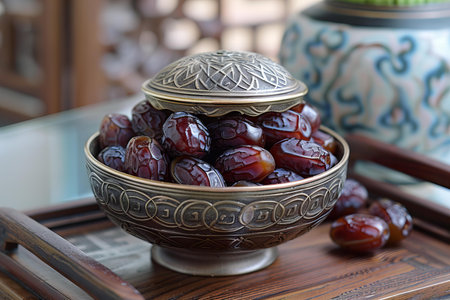 Dates fruit in a bowl on a wooden table, close upの写真素材