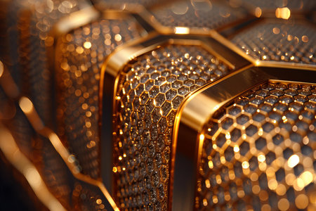 Close-up image of golden metal lattice. Abstract background.の写真素材