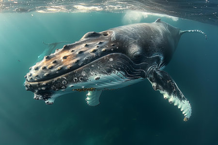 Humpback whale in the deep blue ocean.の写真素材