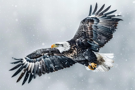 Bald Eagle (Haliaeetus leucocephalus) flying in the snow.