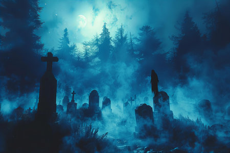 Gravestones in the forest at night. Halloween concept. 3D Renderingの写真素材