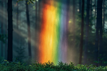 Rainbow in the forest with fog and sun rays on the groundの写真素材