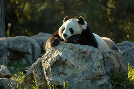 Giant panda bear (Ailuropoda melanoleuca) sleeping on a rockの写真素材