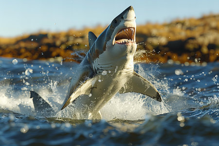 Great White Shark (Carcharodon carcharias) jumping out of water