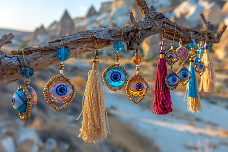 Colorful earrings and bracelets hanging on the tree branch in Turkeyの写真素材