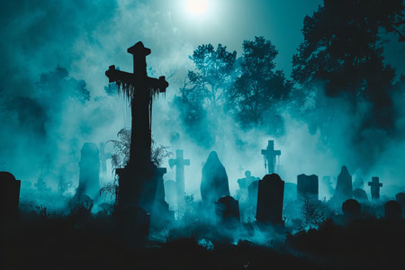 Gravestones in the cemetery at night with fog. Halloween concept