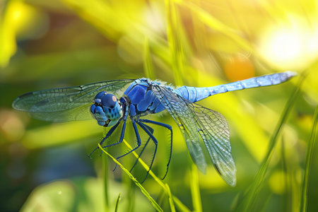 Blue dragonfly on the green grass in the morning sun. Macroの写真素材