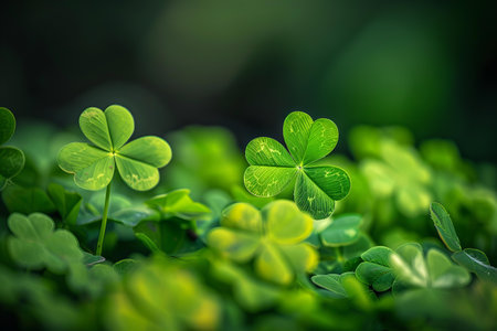 Green clover leaves on blurred background. St.Patrick's Dayの写真素材