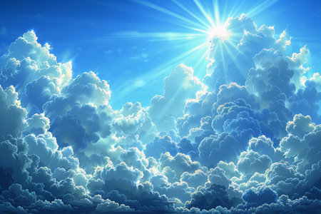 Blue sky background with clouds and sun. 3d render illustration.