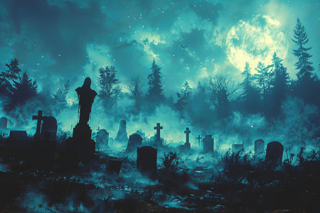 Halloween background with graveyard and full moon,3d rendering.の写真素材