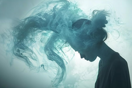 Portrait of a beautiful woman with smoke in her hair over blue background