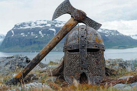 Viking helmet and axe on norwegian fjord landscape.