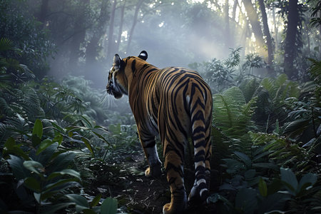 Sumatran tiger walking in the jungle. Wildlife scene from nature.