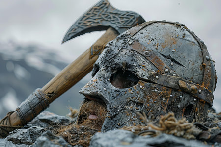 Knight with helmet and axe on the background of mountains and cloudy sky