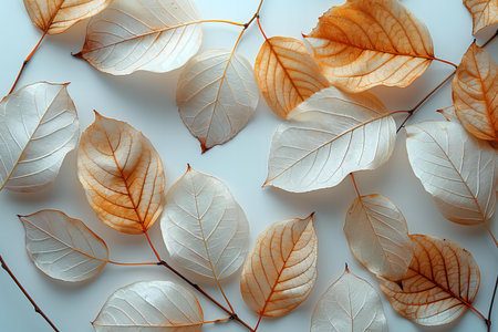 Autumn leaves on white background. Fall concept. Flat lay, top view.の写真素材