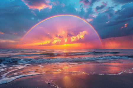 Rainbow over the sea at sunset. Colorful natural background.の写真素材