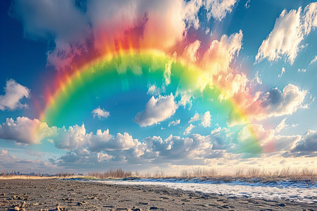 rainbow over the snow-covered field and blue sky with cloudsの写真素材