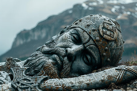 Sculpture of a lion on the top of the mountainの写真素材