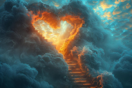 Conceptual image of a heart shaped stairway leading up to heavenの写真素材