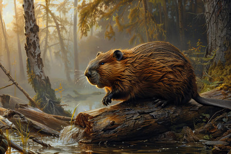 Capybara on a log in the autumn forest. 3D renderingの写真素材