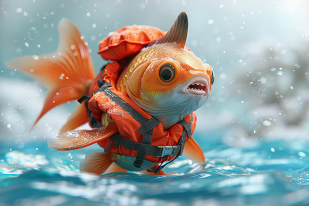 Close-up of a goldfish in a life jacket floating in waterの写真素材
