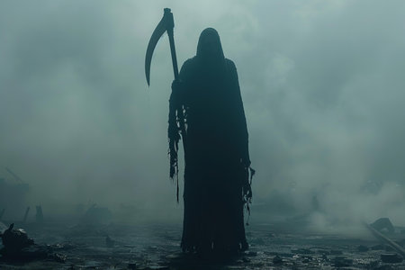 Silhouette of a man with a scythe in the fogの写真素材