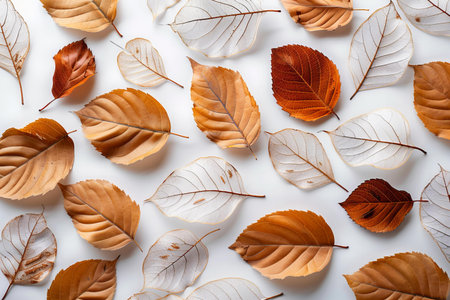 Autumn leaves isolated on white background. Flat lay, top viewの写真素材