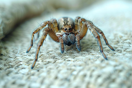 jumping spider close up on sackcloth background, animal in nature