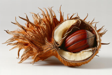 Chestnut in shell on a white background. Close-up.