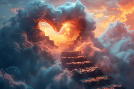Heart shaped hole in the clouds, 3d render. Computer digital drawing.の写真素材