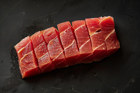 Slices of fresh raw tuna on black background, top view