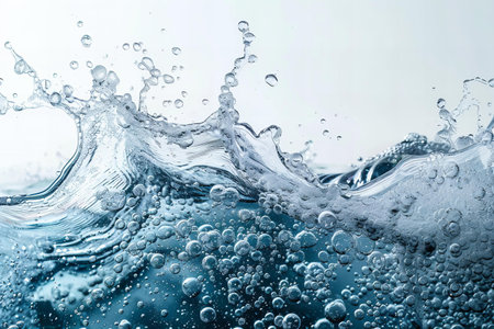 close up of water splash with bubbles on white background, abstract backgroundの写真素材