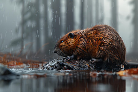 shot of a wild beaver near river in the rain, nature seriesの写真素材