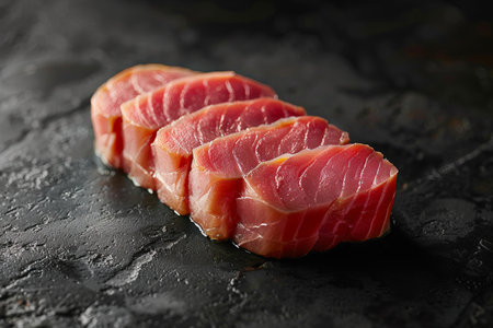 Slices of fresh tuna fish on black background, closeupの写真素材