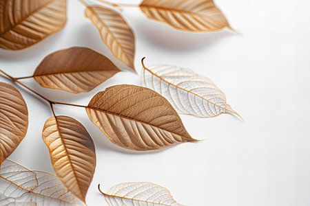 Close up of dried leaves on white background. Minimal floral concept.の写真素材