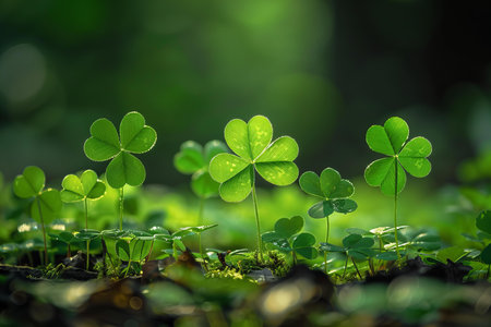 Green clover leaves growing in the forest with bokeh background