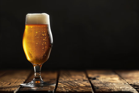 Glass of beer on wooden table against dark background, space for text