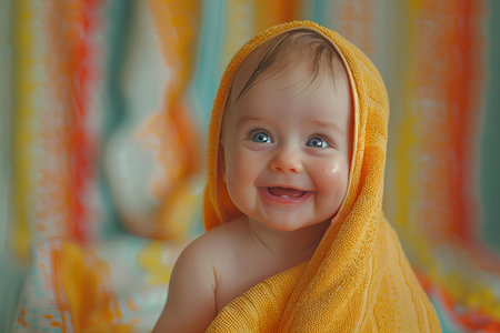 Cute baby boy in yellow towel looking at camera with smile.の写真素材
