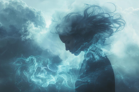 Fantasy portrait of a beautiful woman with long hair and smoke in the skyの写真素材