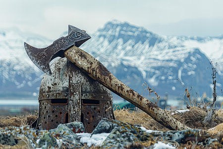 Old medieval battle axe on the background of snowy mountains in Norway.の写真素材